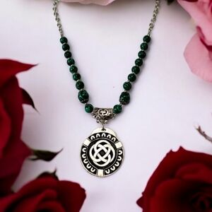 Green Beaded Silvertone Chain Necklace Celtic Pendant marked CM